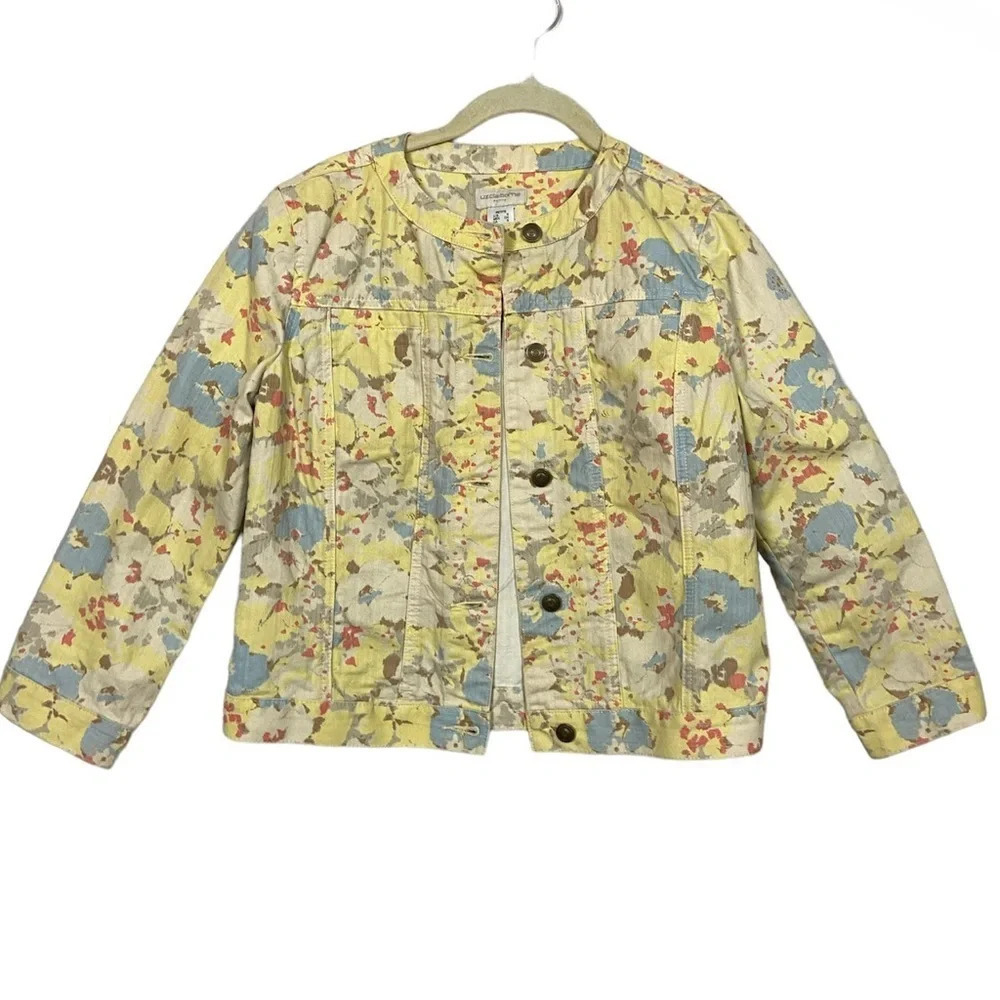 Liz Claiborne Spring Summer Floral Mural Print Jean Cotton Jacket Sz S